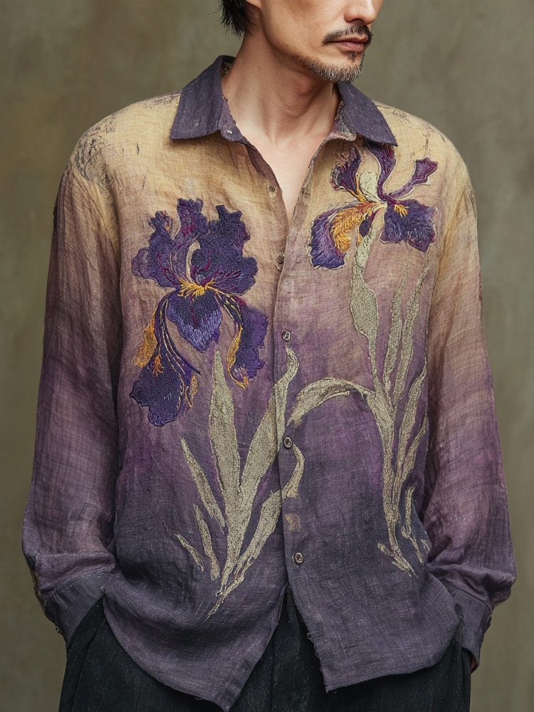 Men's Vintage Irises Embroidered Gradient Linen Shirt