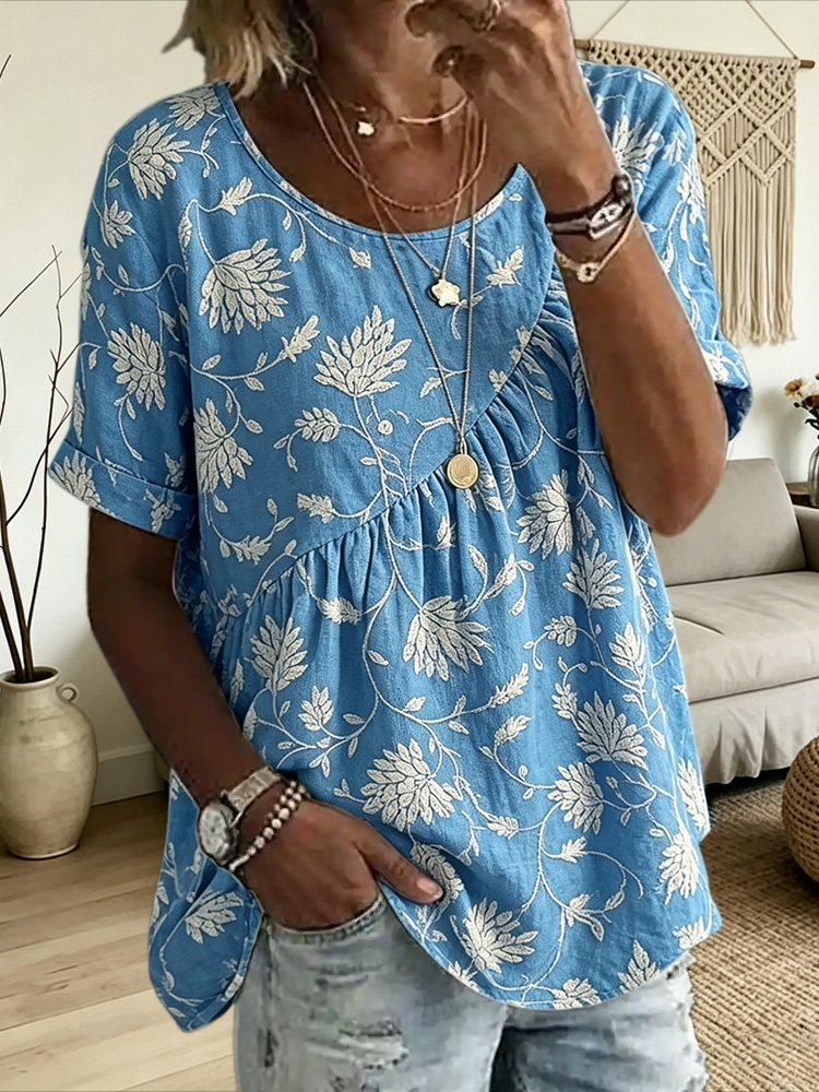 Women's Irregular Pleated Floral Design Short Sleeves Round Neck Linen Tunic Top