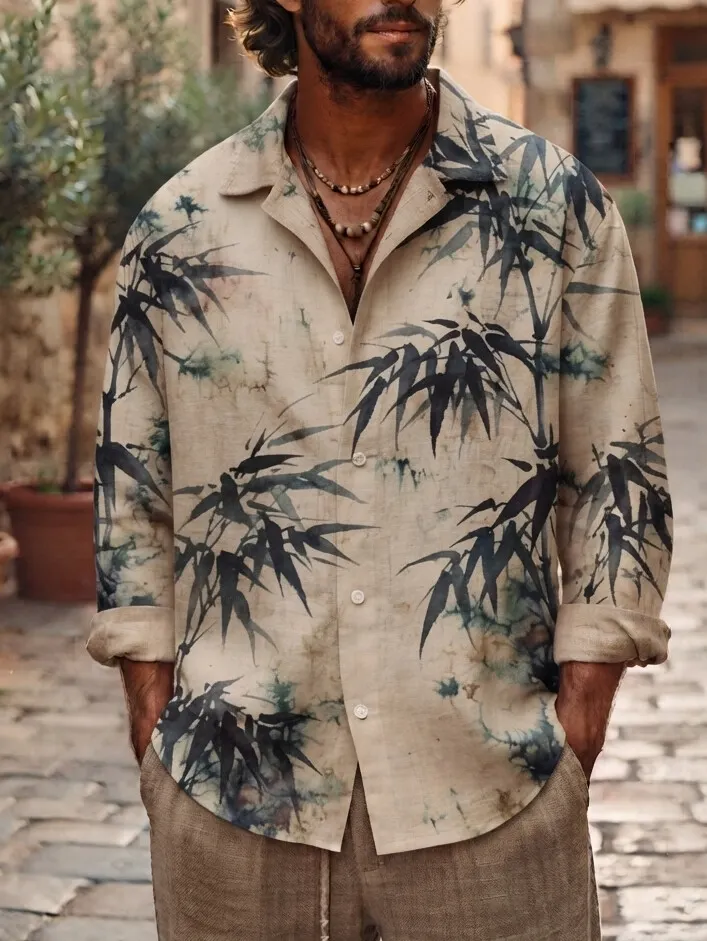 Men's Vintage Ink Bamboo Art Print Long Sleeve Shirt