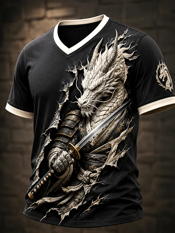 Men's White Dragon Warrior Art Print T-Shirt