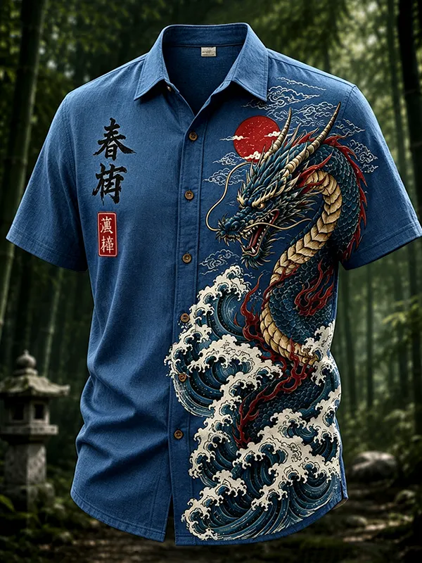 Men's Dragons and Waves Japanese Art Print Casual Shirt