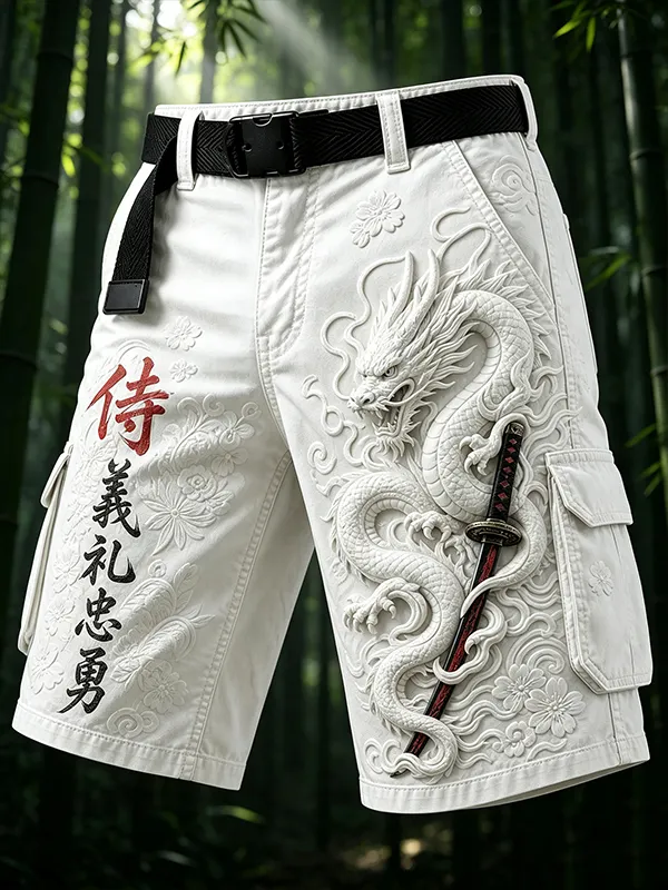 Men's 3D Relief Dragon Japanese Kanji Bushido and Katana Print Cargo Shorts
