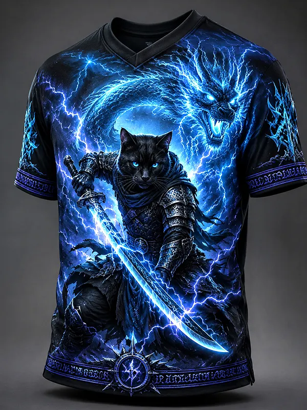 Men's Dragon Lightning And Black Cat Warrior Art Print T-Shirt