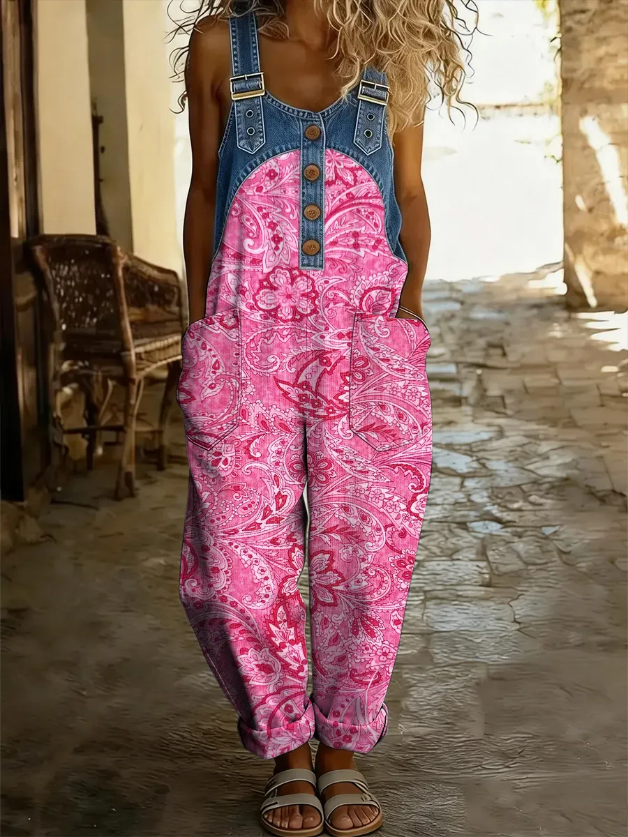 Women's Floral Art Print Washed Cotton Denim Patchwork Jumpsuit
