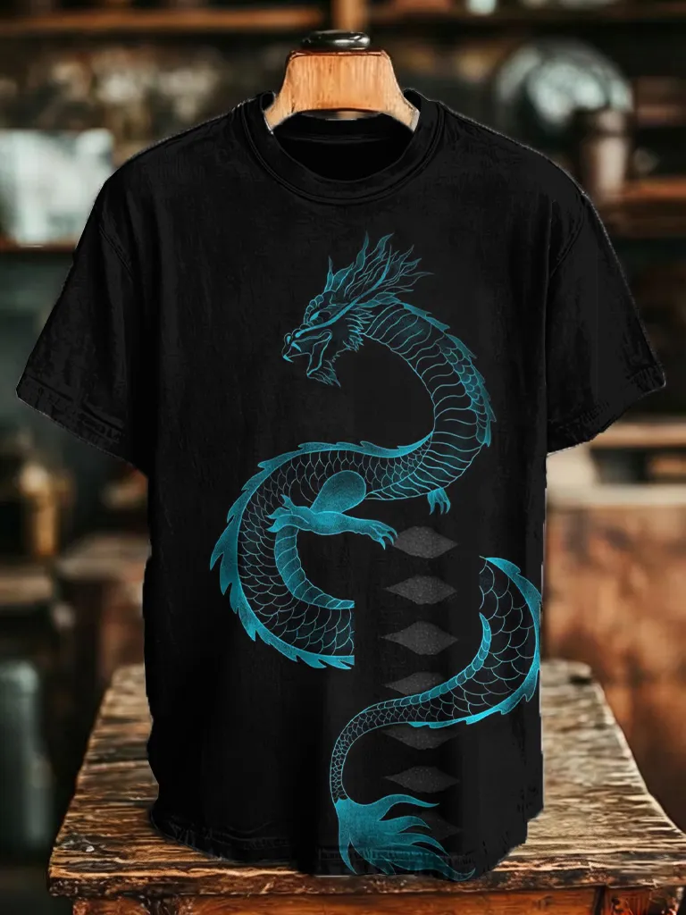 Men's Line Art Oriental Dragon Print Casual T-Shirt