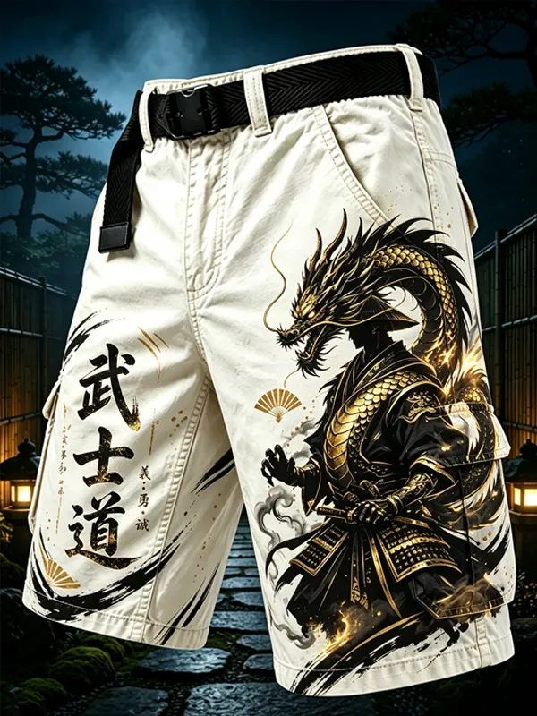 Men's Bushido Kanji Samurai Dragon Print Cargo Shorts