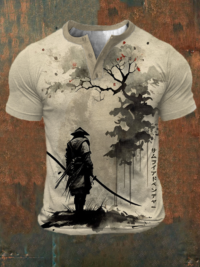 Men's Japanese Martial Samurai Art Print Short Sleeve Henley Tee