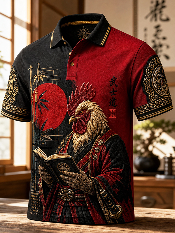 Men's Japanese Rooster Samurai Reading Printed Short Sleeve Polo Shirt