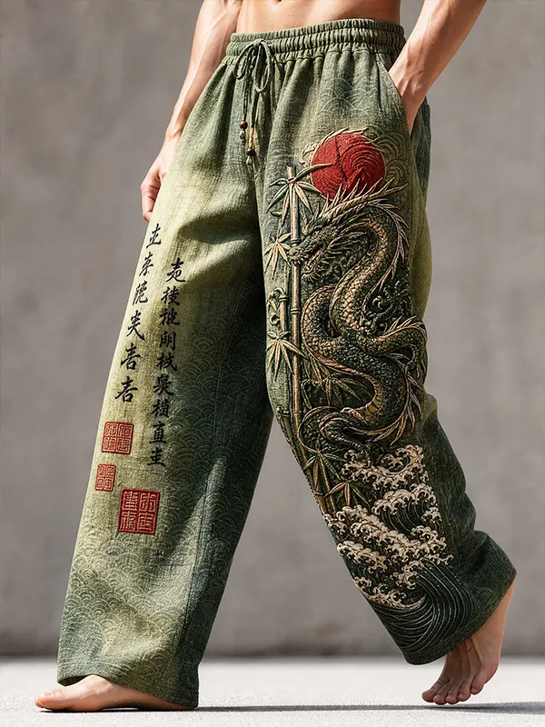 Men's Japanese Wave Bamboo Dragon Calligraphy Print Casual Pants