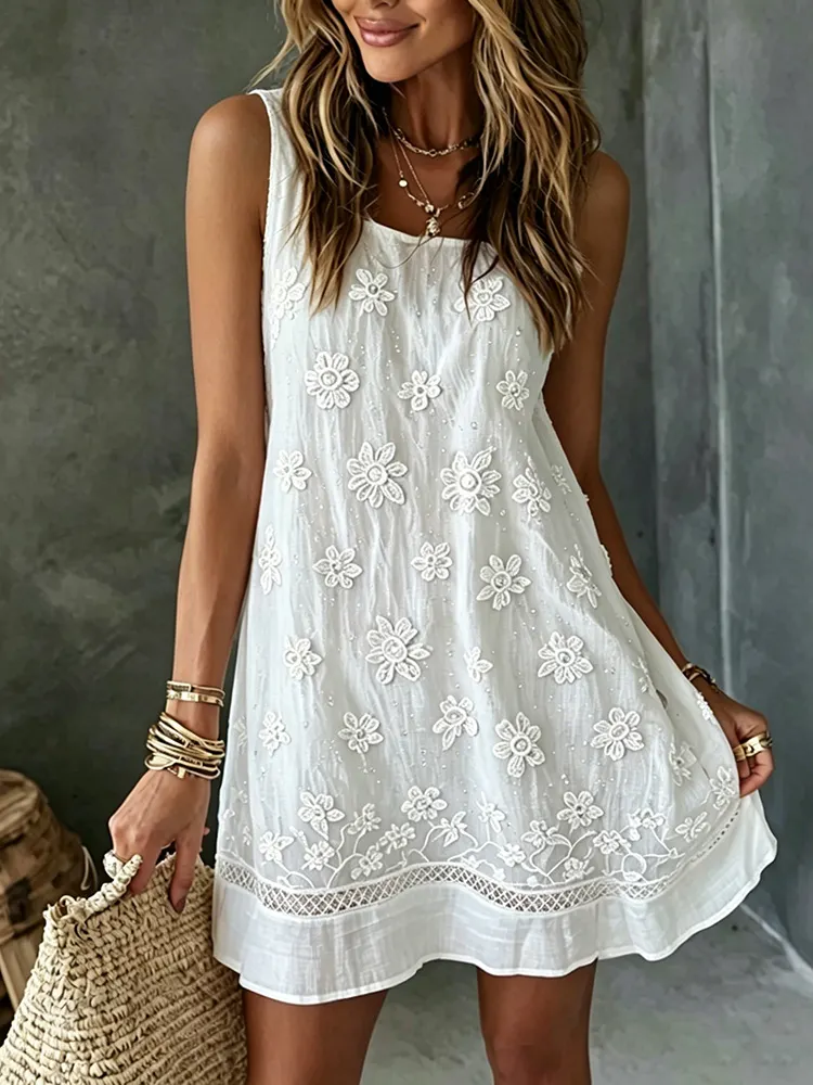 Women's Rose Art Embroidered Linen Blend Round Neck Tank Dress