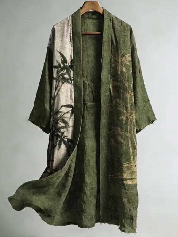 Men's Bamboo Leaf Print Casual Long Kimono Cardigan