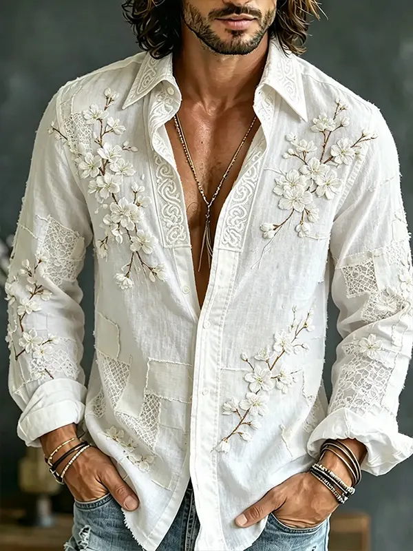 Men's Cherry Blossom Patchwork Art Print Long Sleeve Shirt