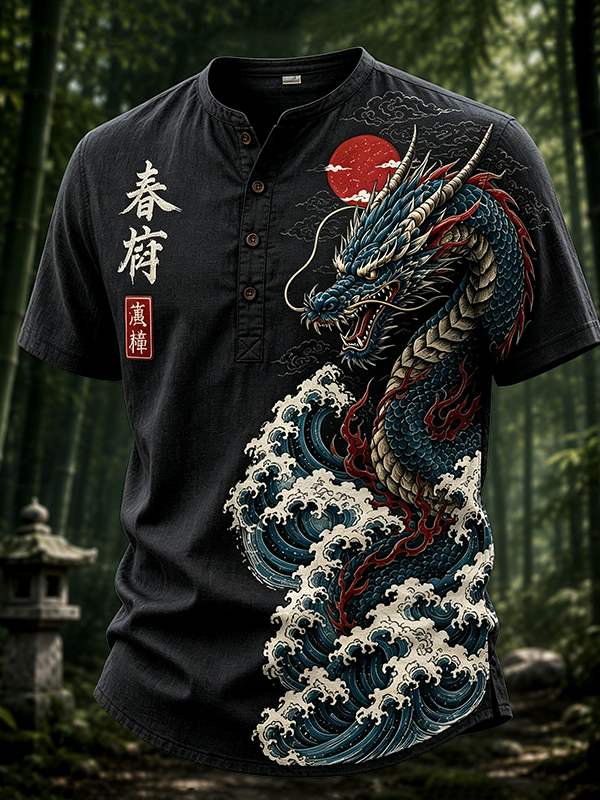 Men's Dragons and Waves Japanese Art Print Half Button Shirt