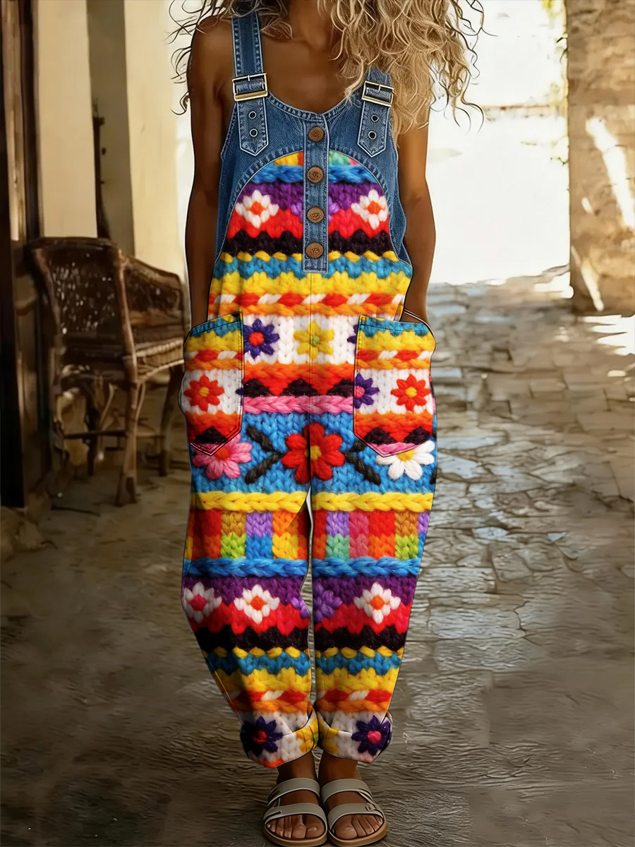Women's Floral Art Print Washed Cotton Denim Patchwork Jumpsuit
