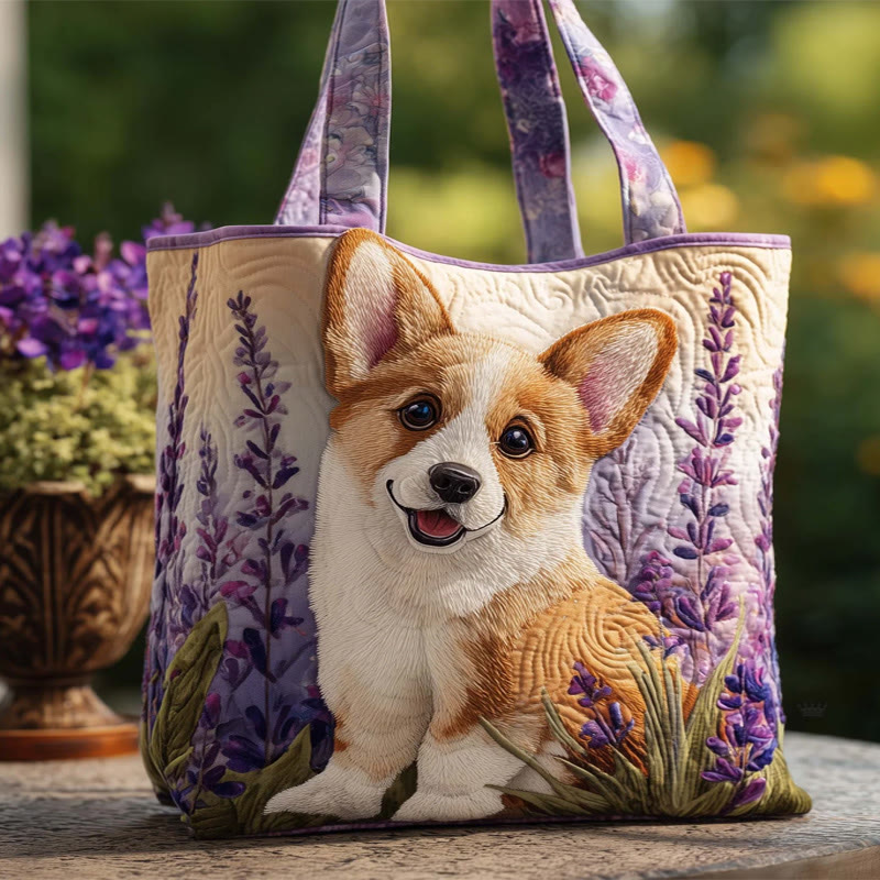 Lavender Puppy Pattern Quilted Tote Bag