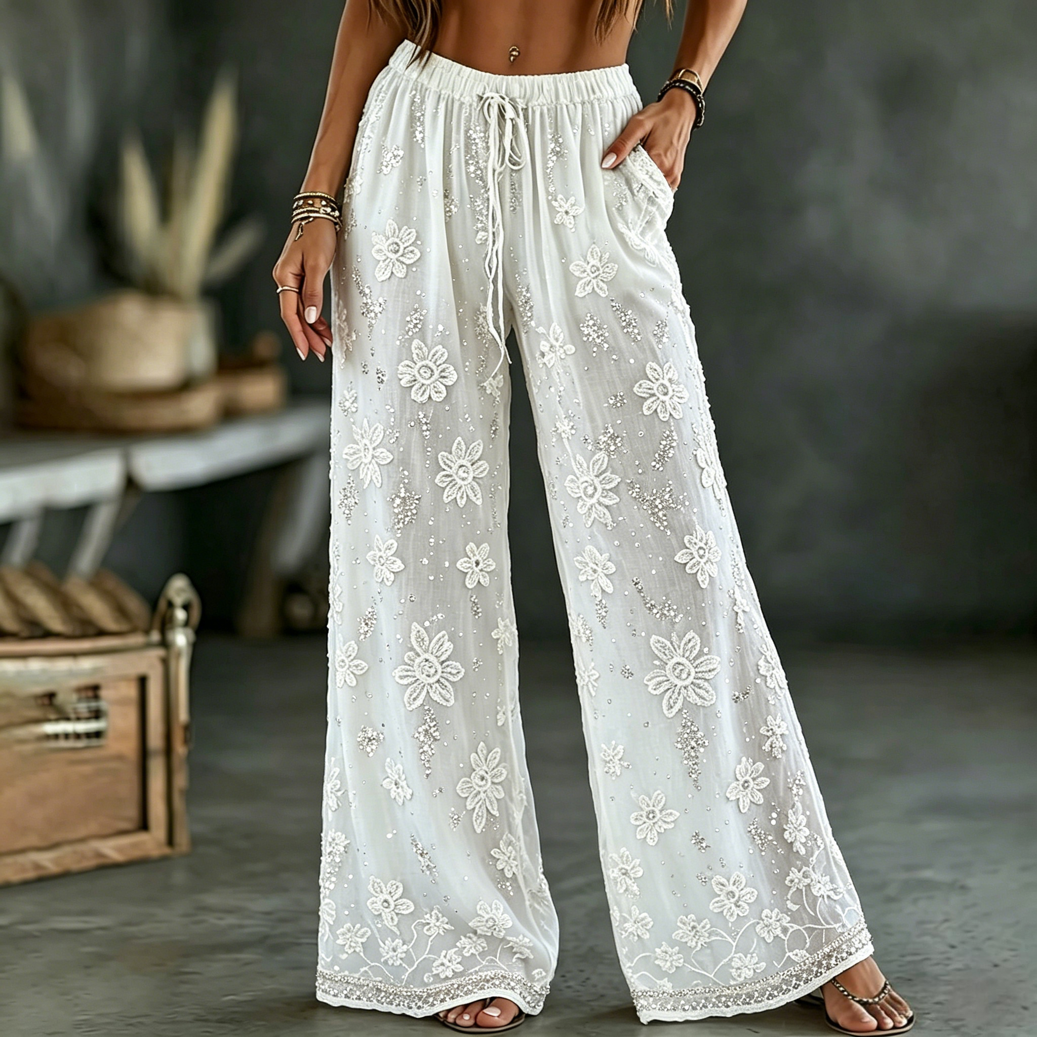 Women's White Rose Art Embroidered Linen Blend Pants