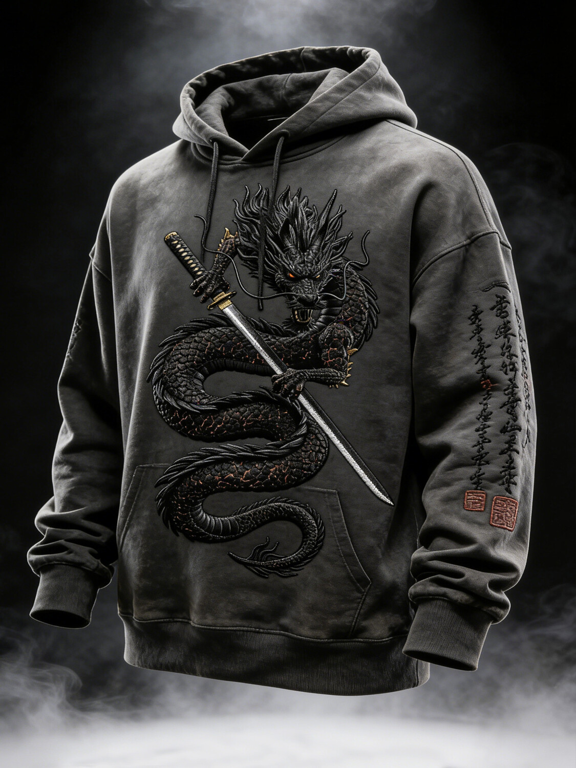 Men's Dragon Sword Calligraphy Art Print Casual Hoodie
