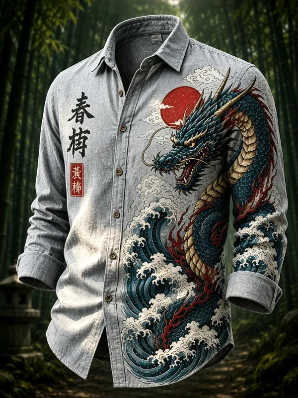 Men's Dragons and Waves Japanese Art Print Long Sleeve Shirt