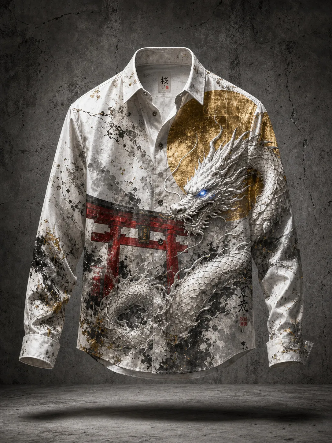 Men's Ink Splash White Dragon Torii Gate Art Print Long Sleeve Acetate Shirt