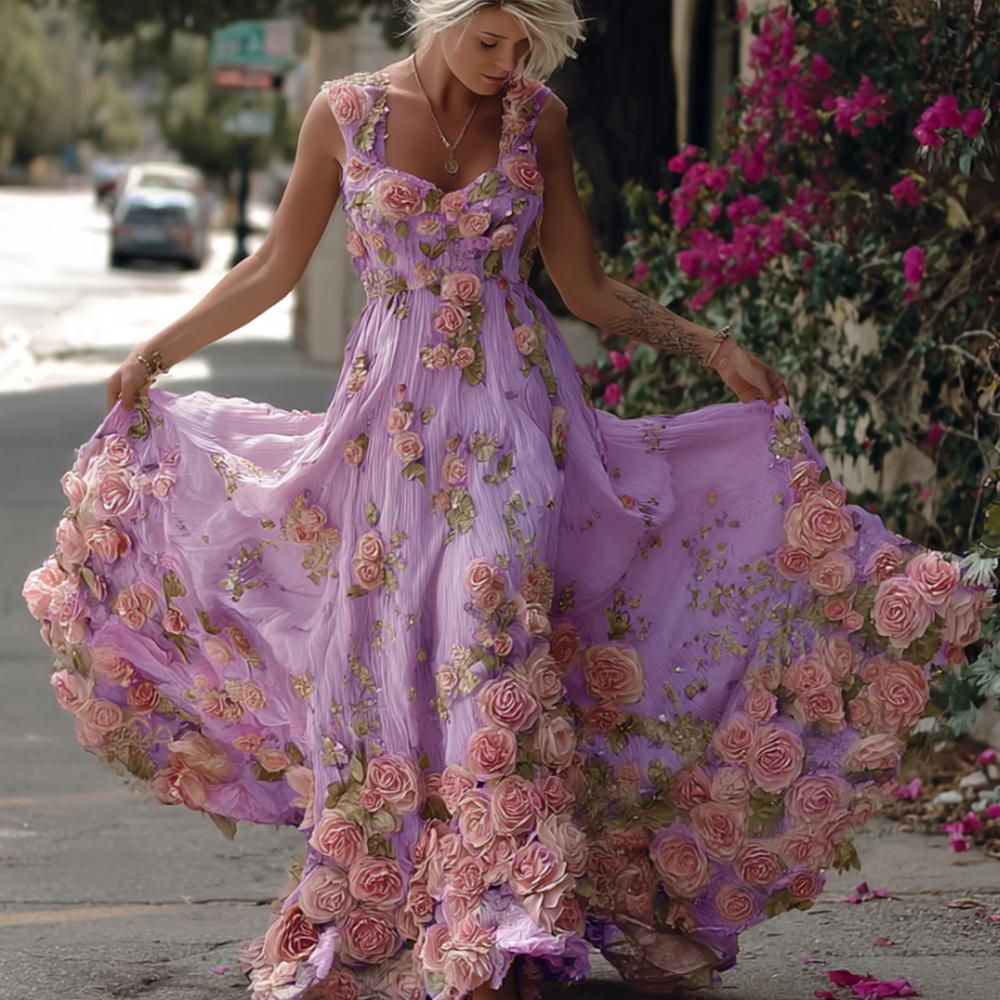Bohemian Style Pink Rose Lightweight Vintage Style Long Dress With Straps ed7f