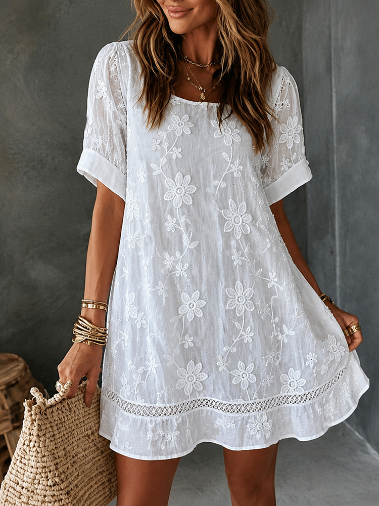 Women's White Floral Embroidered Linen Blend Round Neck Mini Dress