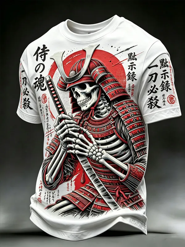 Men's Skeleton Samurai Katana Japanese Art Print Casual T-Shirt