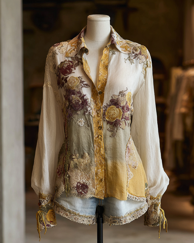 Women's Spring Retro Floral Embroidery Color Block Shirt  2157