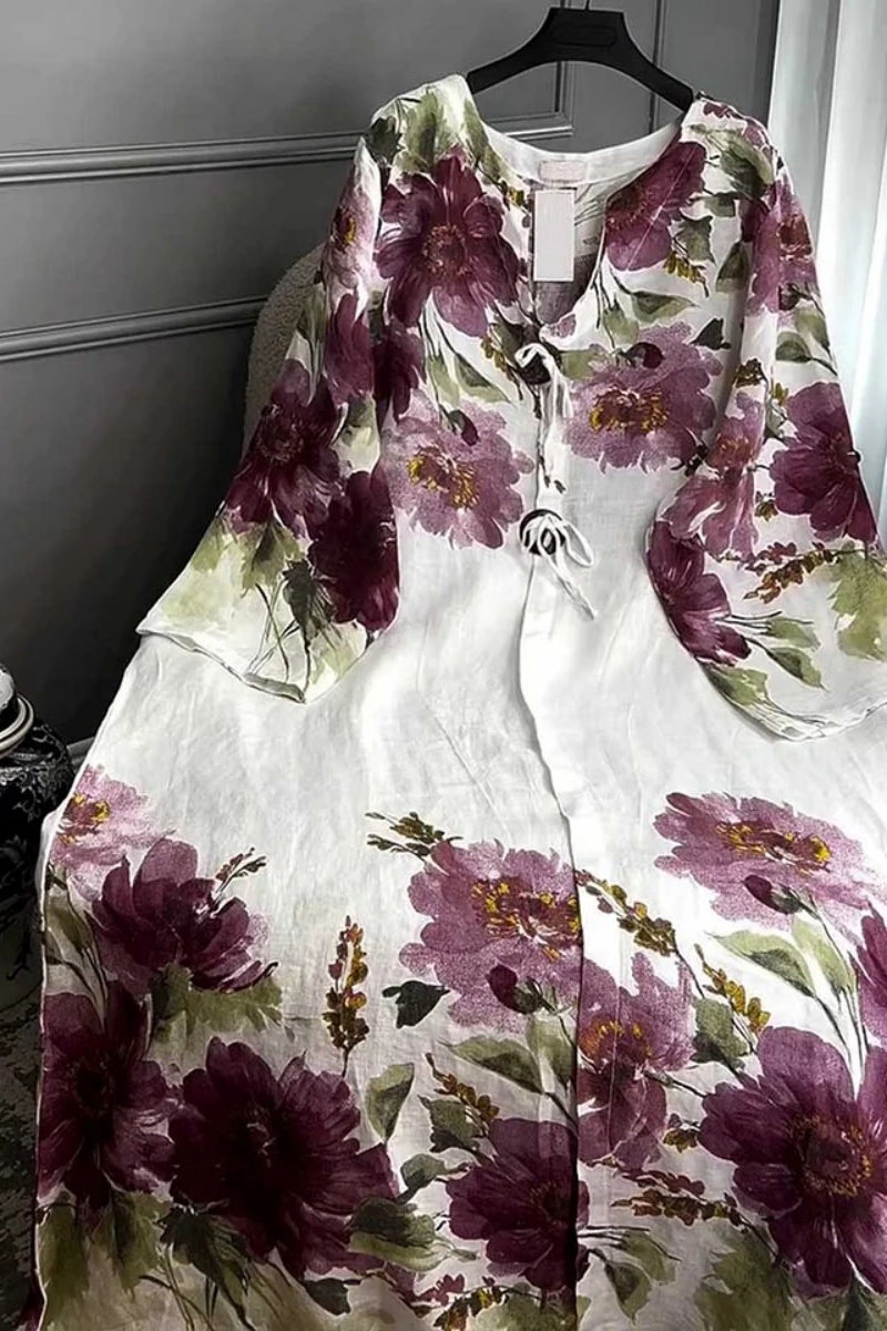 V-neck Long-sleeved Button-decorated Printed Casual Loose Dress