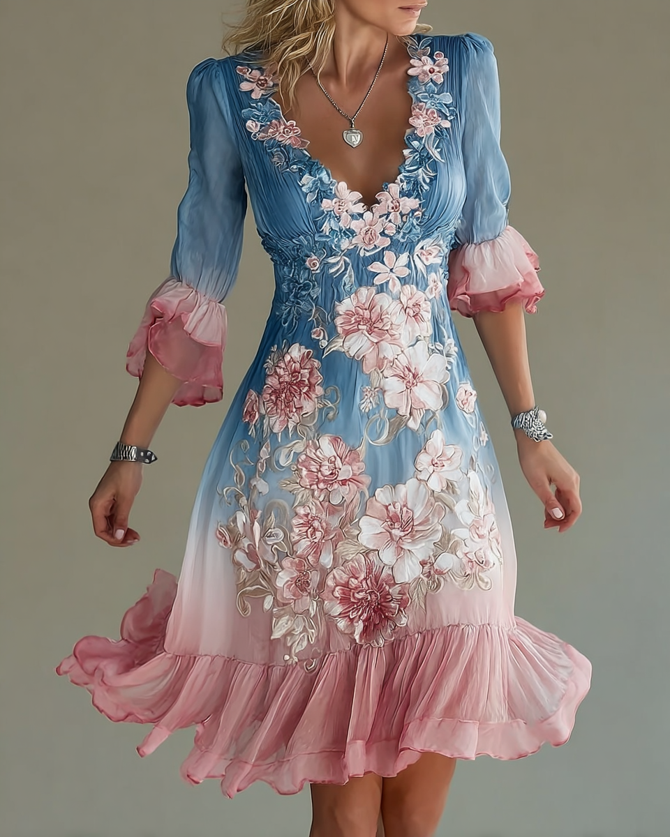 Floral Embroidery Gradient Elegant Mini Dress 9410