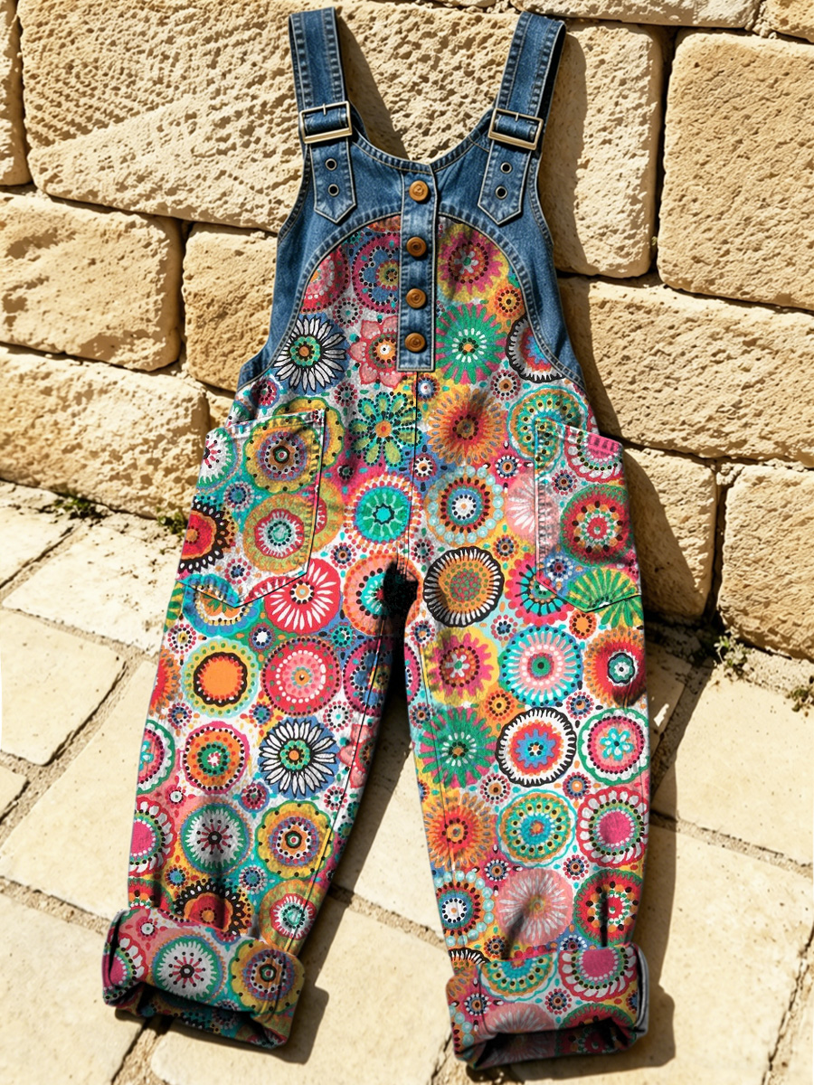 Women's Retro Floral Color-Blocked Art Print Washed Cotton Denim Patchwork Jumpsuit