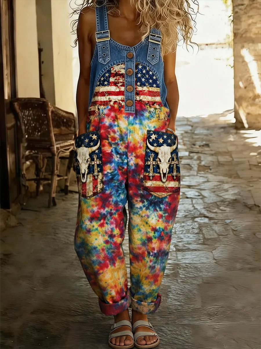 Women's Western USA Flag Art Print Washed Cotton Denim Patchwork Jumpsuit