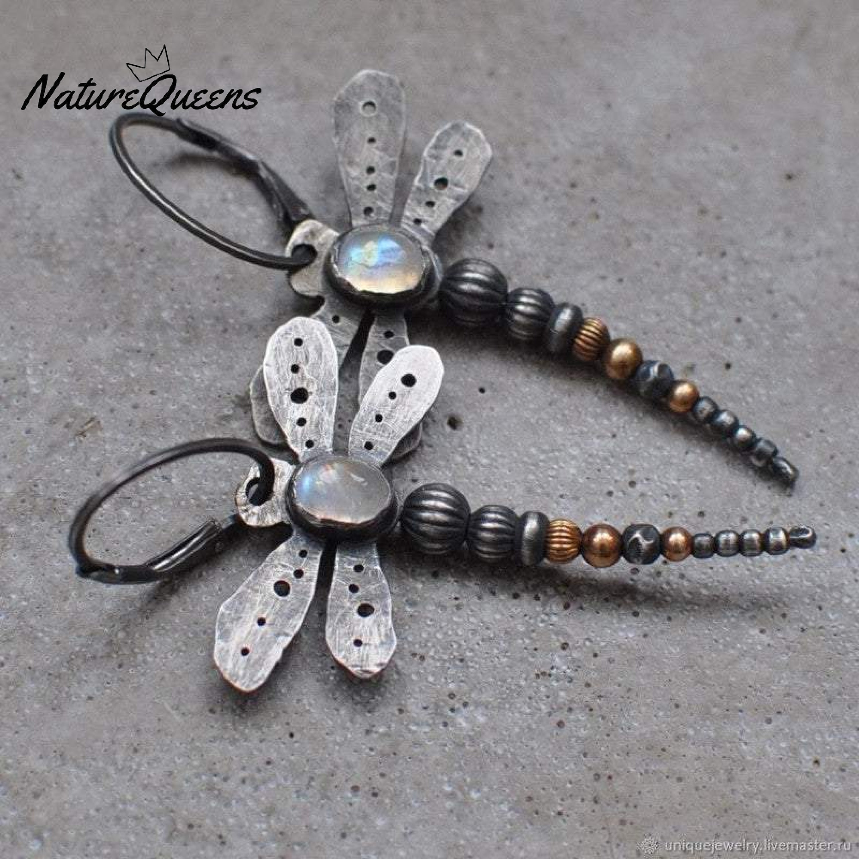 Round moonstone dragonfly earrings