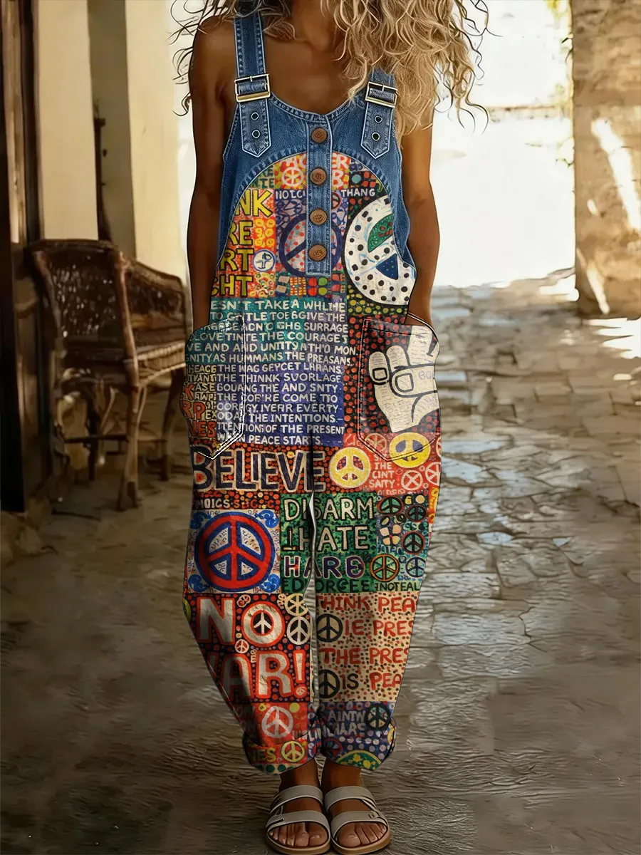 Women's Retro Floral Color-Blocked Art Print Washed Cotton Denim Patchwork Jumpsuit