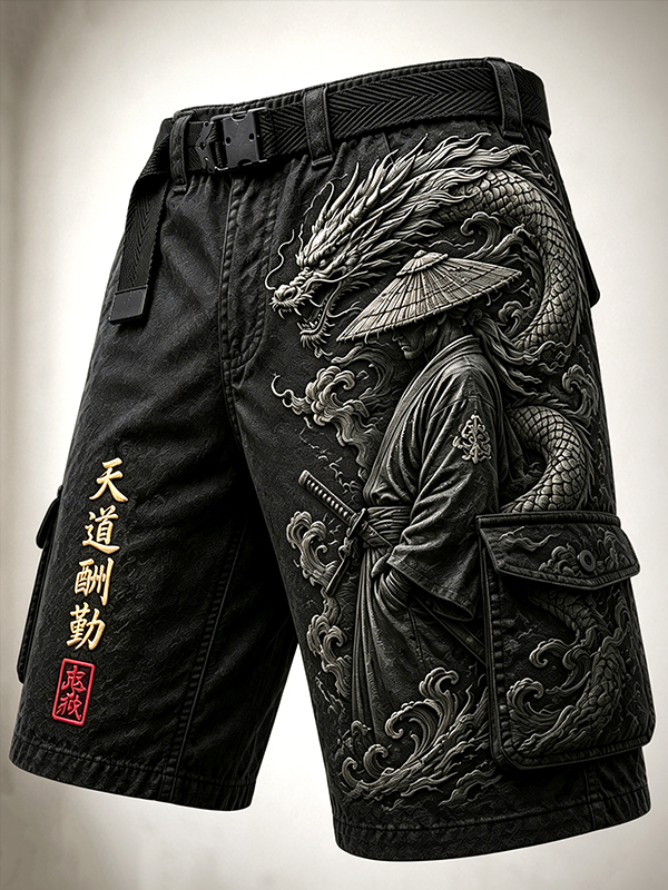 Men's Mysterious Samurai And Dragons Japanese Art Print Casual Shorts