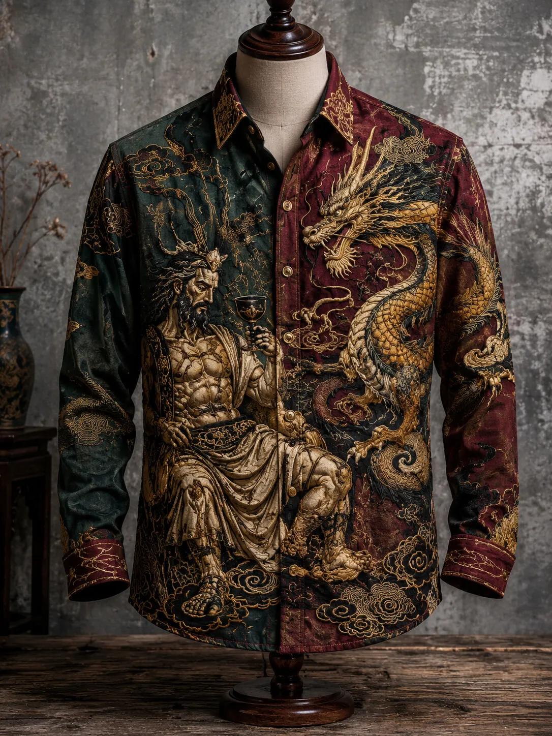 Men's Color Block 3D Embossed Zeus God And Golden Dragon Cloud Art Print Long Sleeve Shirt