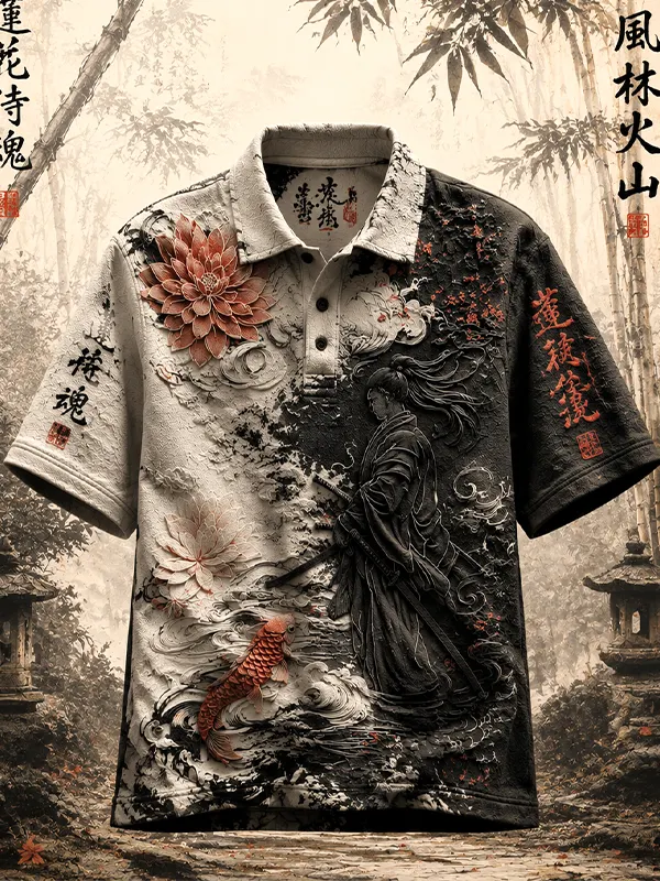 Men's 3D Relief Samurai Koi Lotus Ink Print Short Sleeve Polo Shirt