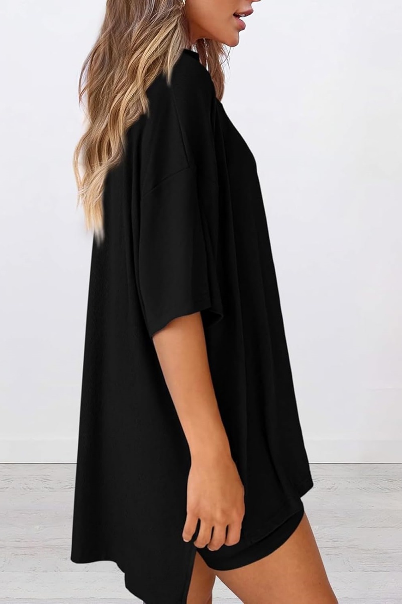 Women 2 Piece Outfits Crew Neck Oversized Tshirts and Biker Shorts with Pocket Matching Lounge Sets