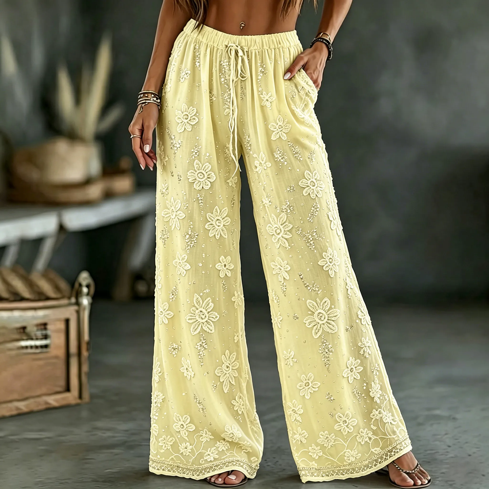 Women's White Rose Art Embroidered Linen Blend Pants
