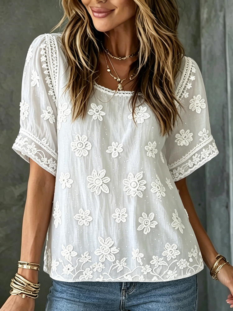 Women's White Rose Art Embroidered Linen Blend Tops