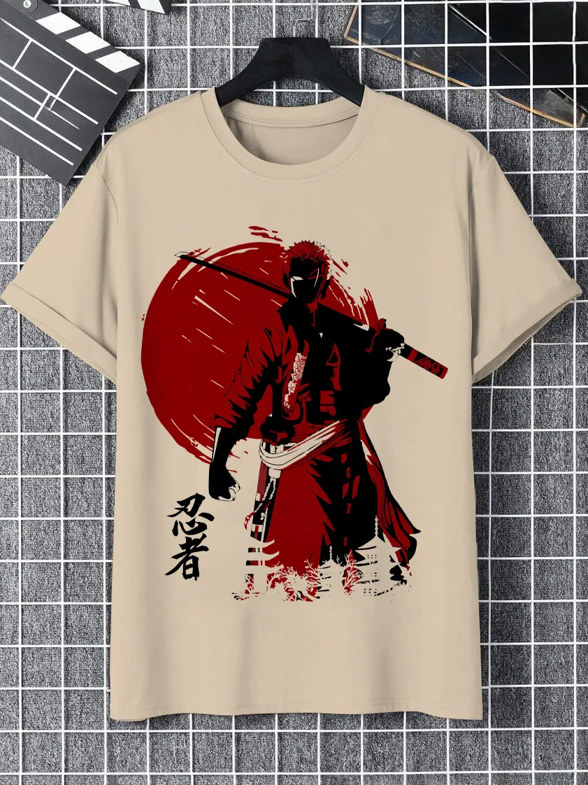 Men's Japanese Samurai Ninja Red Sun Print Cotton Casual T-Shirt