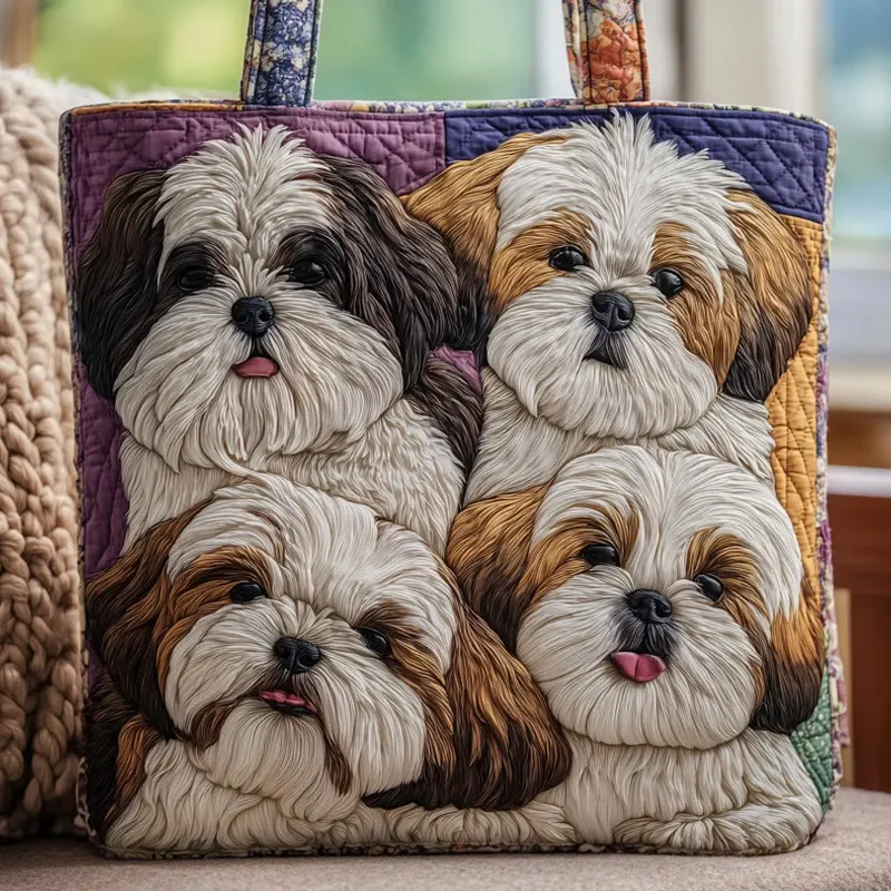 Four Puppies Pattern Print Quilted Tote Bag