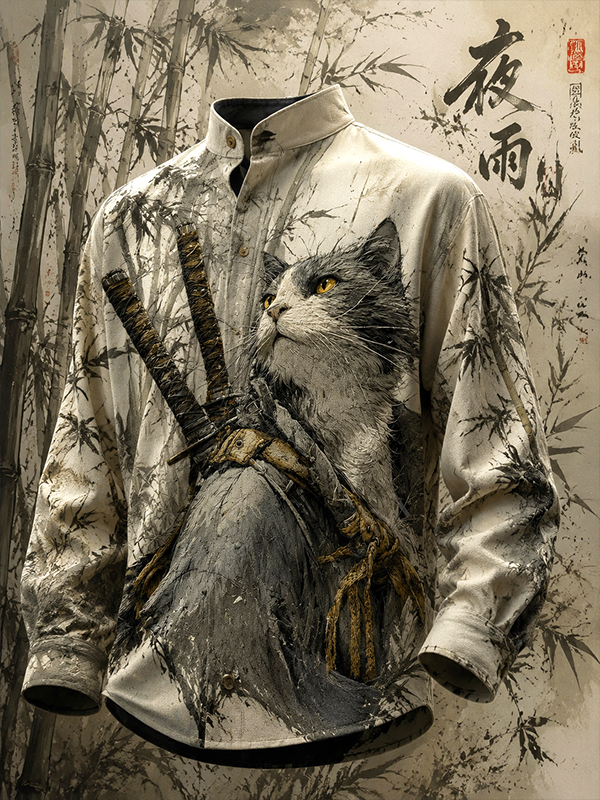 Men's Japanese Ink Painting Samurai Cat Bamboo Art Print Long Sleeve Shirt