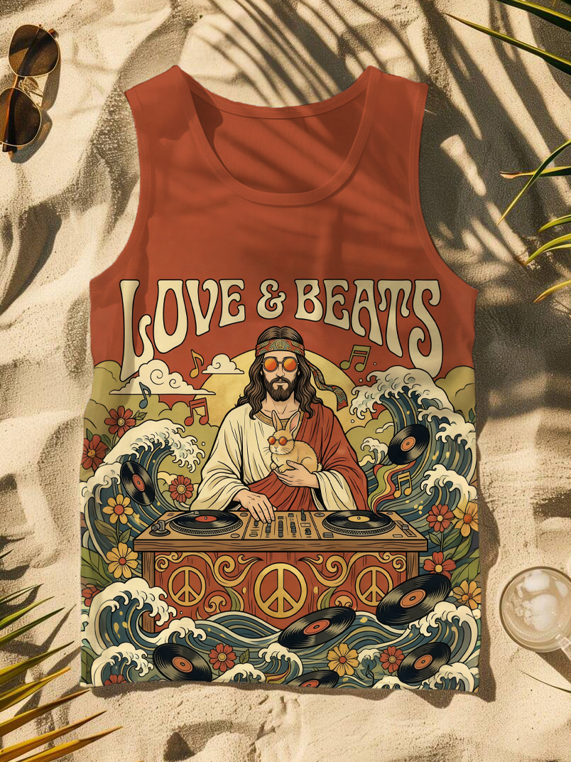 Men's Love And Beats Easter Rabbit Vinyl Jesus DJ Ukiyo-e Art Print Casual Tank Top