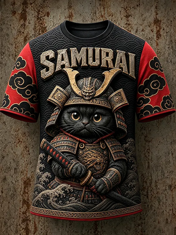 Men's Samurai Cat Japanese Armor and Wave Print Casual T-Shirt