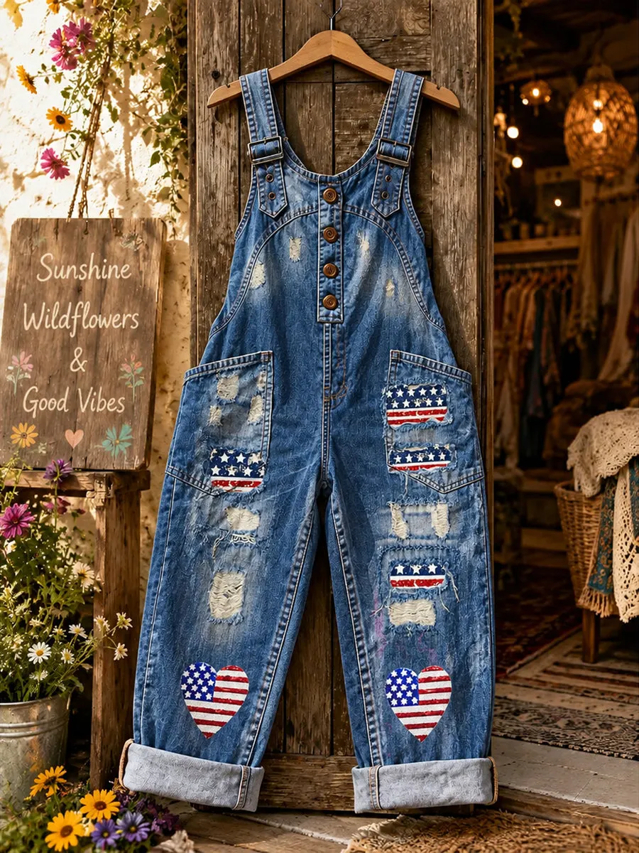 Women's Retro Style Art Print Washed Cotton Denim Patchwork Jumpsuit