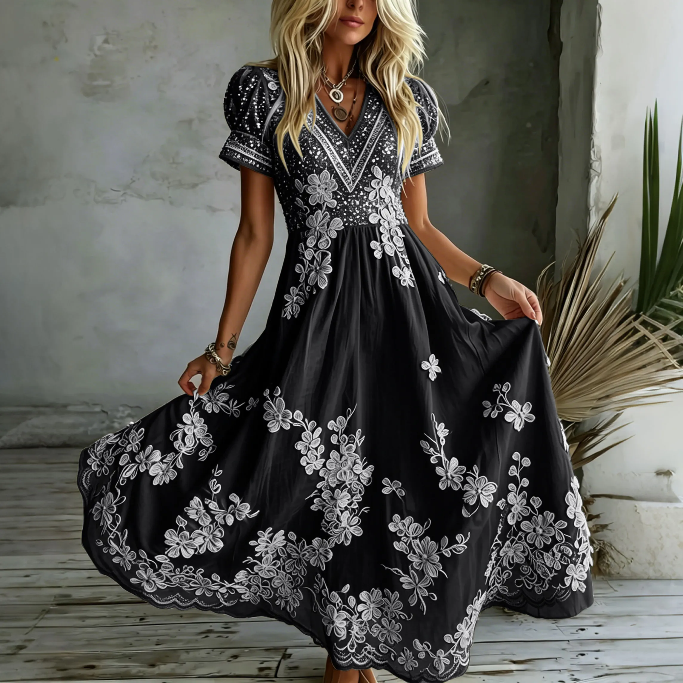 Women's White Rose Art Embroidered Linen Blend V Neck Maxi Dress