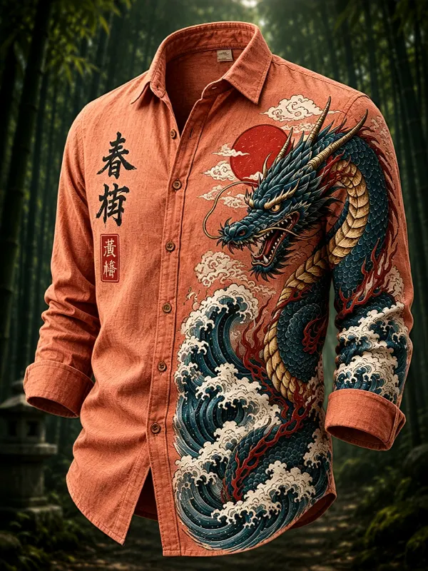 Men's Dragons and Waves Japanese Art Print Long Sleeve Shirt