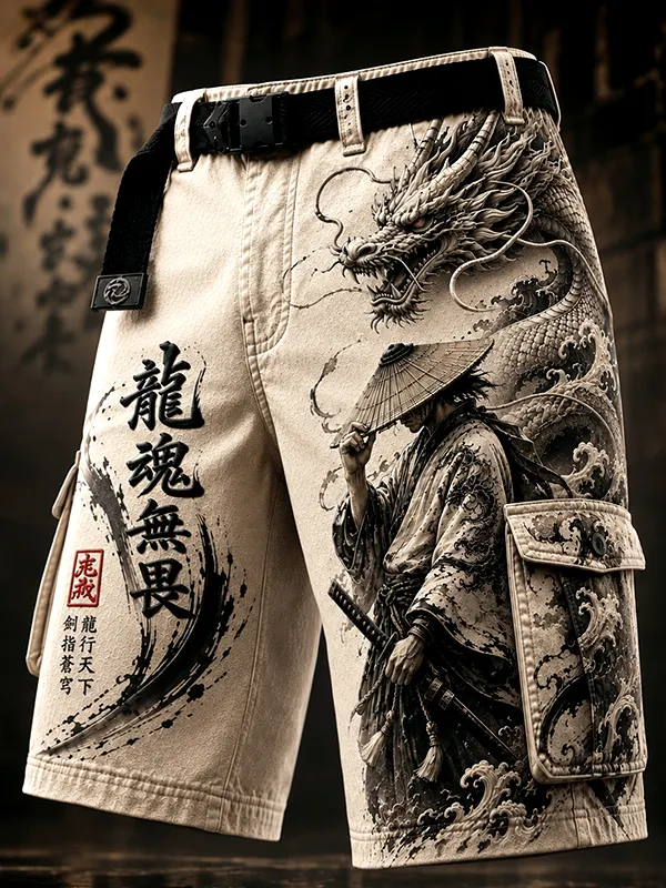 Men's Dragon And Samurai Ink Painting Japanese Art Print Casual Shorts
