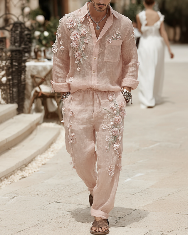 Men's Spring/Summer Color-Block Floral Embroidered Shirt and Trousers Two-Piece Set 5822