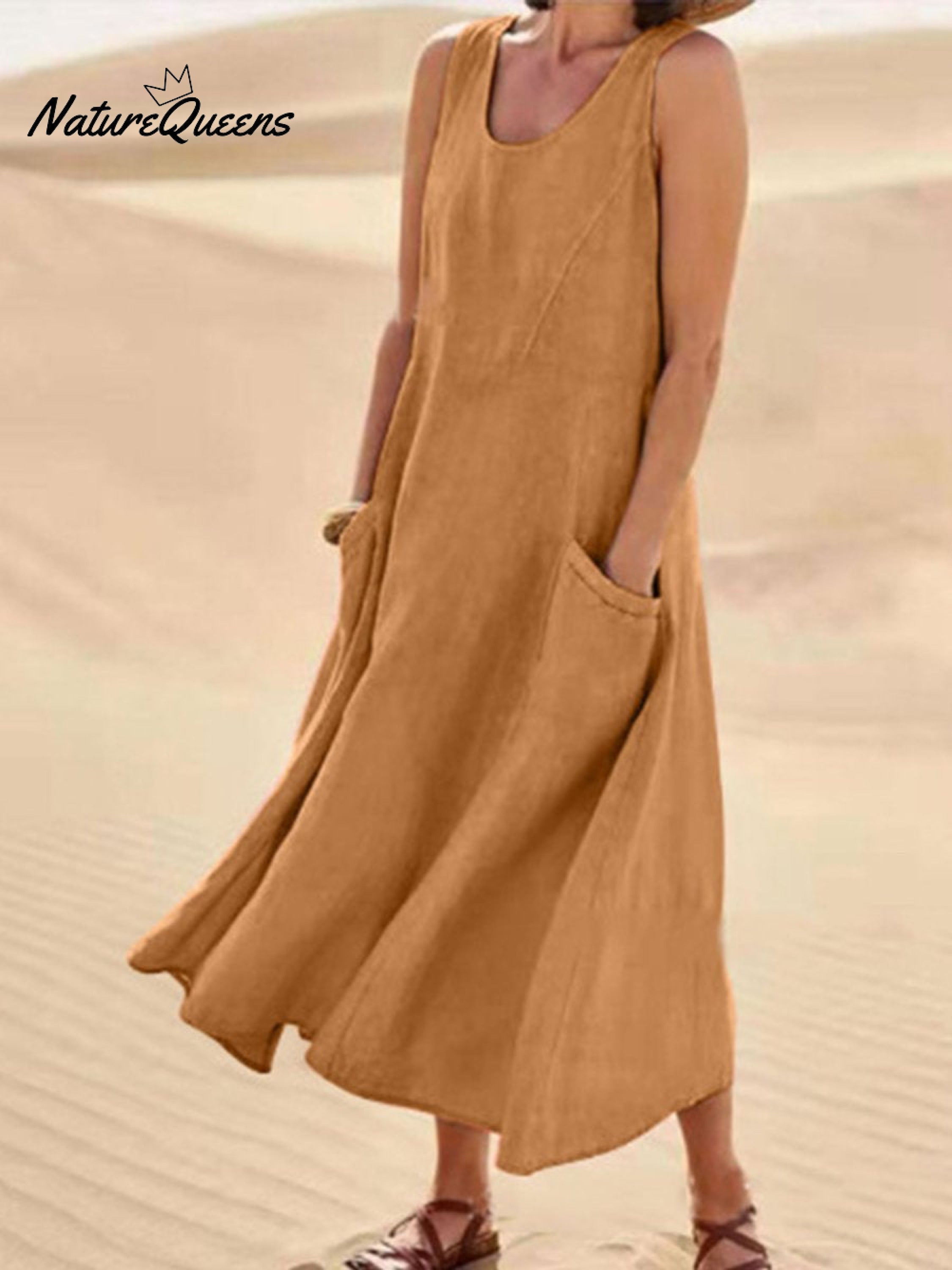 Women Sleeveless Sundress Elegant Round Neck Cotton Linen Solid Long Tank Casual Summer Dress